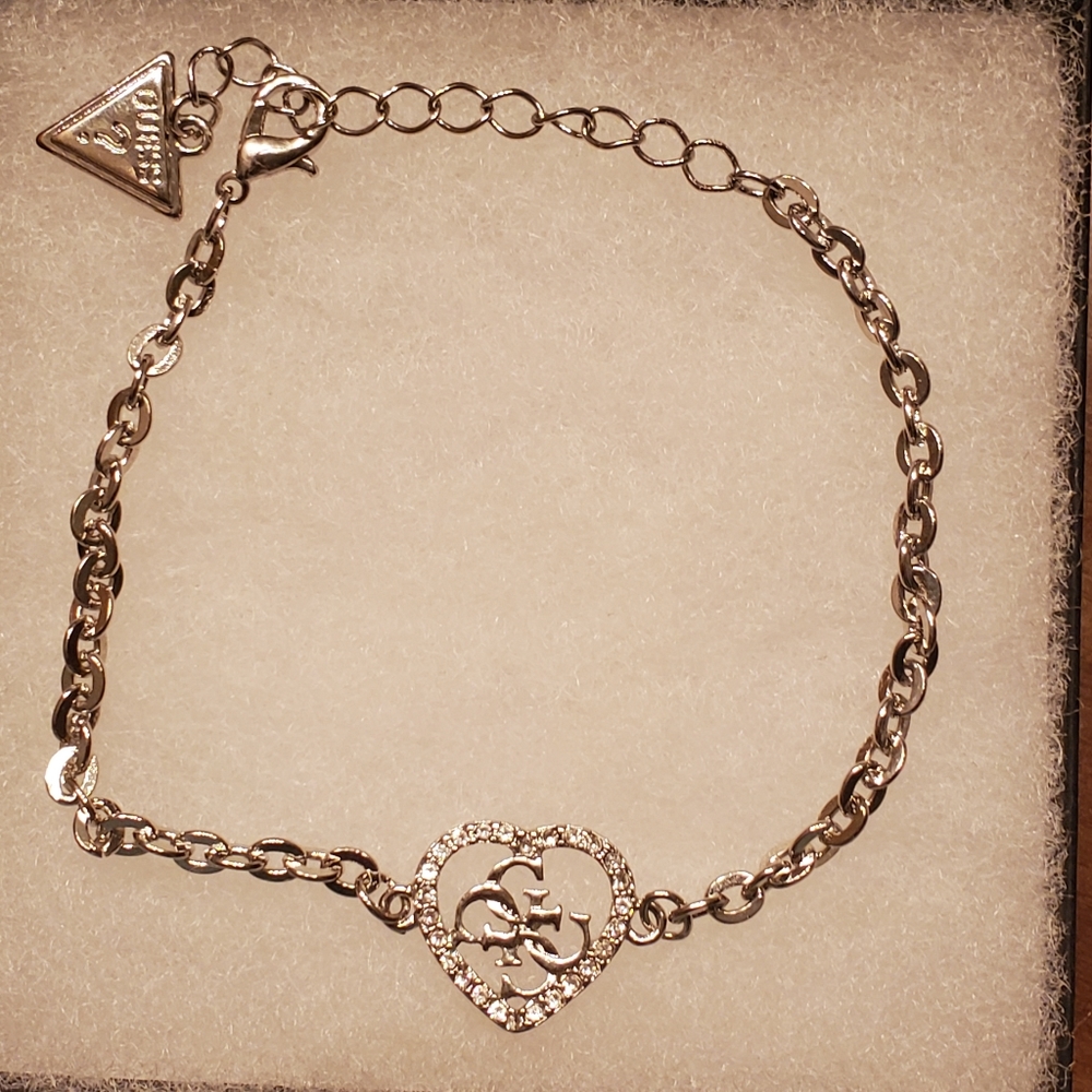 Guess Silver Tone Link w/ Rhinestone Logo Heart Bracelet